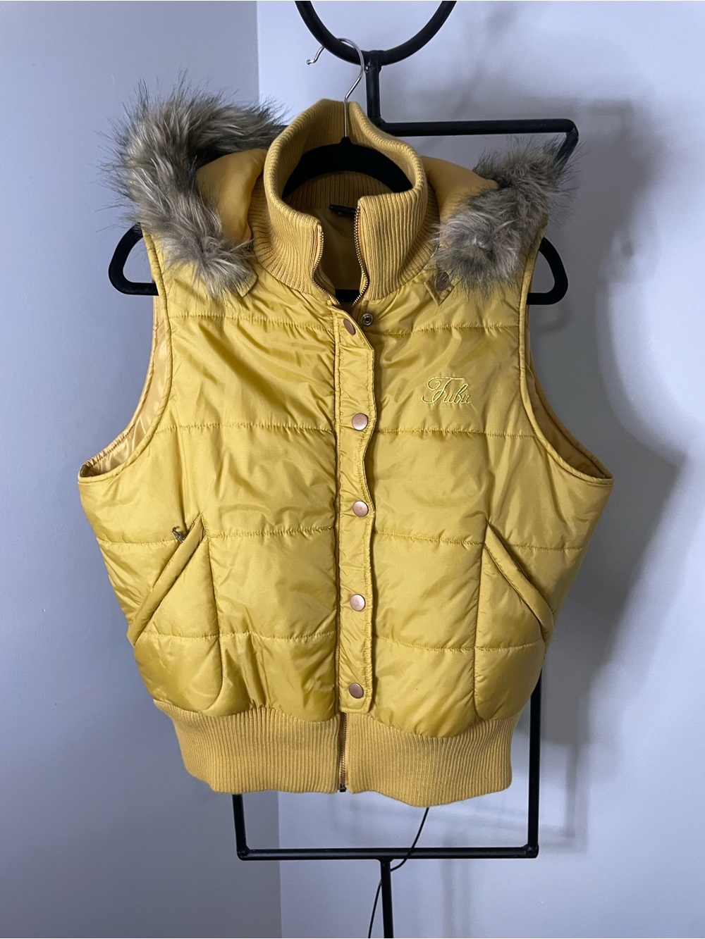 FUBU Yellow Quilted Puffer Vest with Faux Fur Hood Trim